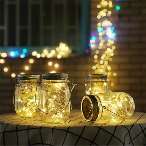 Solar Mason Jar Lights, 6 Pack 10 LED Jar Lid String Lights with 6 Hangers - Picture 4 of 7